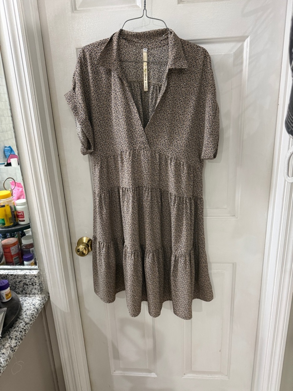 Uncle Frank Neutral Beige & Black Printed Tiered Midi Dress